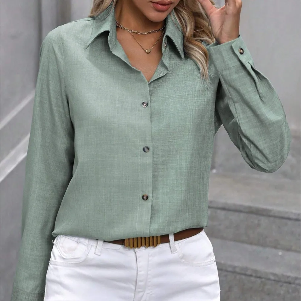 Elegant Contrasting Long Sleeved Cardigan Blouses 2024 New Casual Single Breasted Solid Color Long Sleeved Lapel Shirt For Women