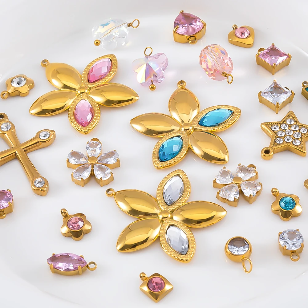 2/5pcs Stainless Steel Pink Color Zircon Flower Pendants Multi-Shape Crystal Charms for Jewelry Making DIY Bracelet Accessories - Detail 1