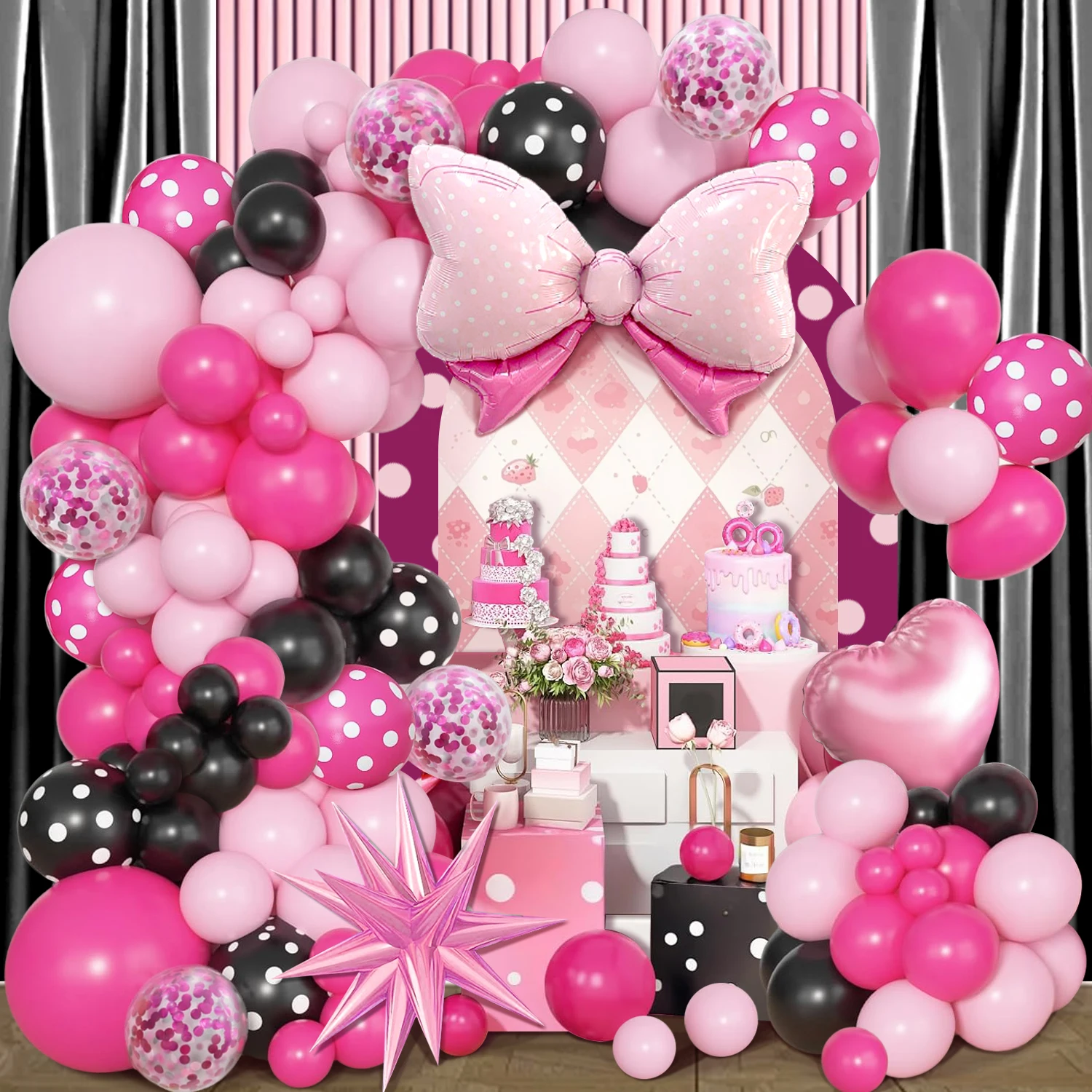 Juego de guirnaldas de globos de fiesta de princesa rosa y negro de 96 piezas, con lazos rosas, corazones, estrellas de explosión, globos de papel de aluminio wi