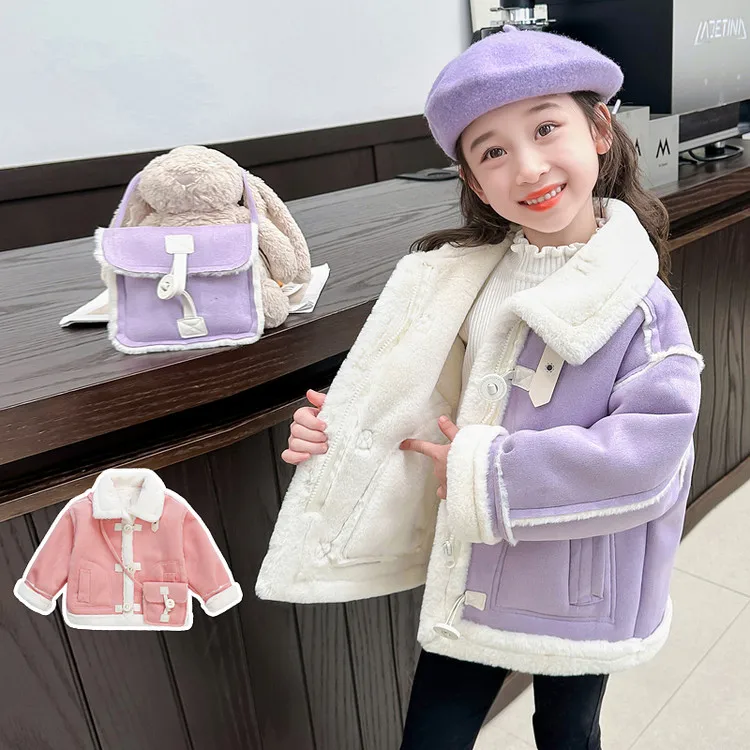 

Girls' Faux Shearling Jacket, 2025 New Korean-Style Cute Purple & Pink Winter Coat, Warm Outerwear for 2- 9 Years Little Girls