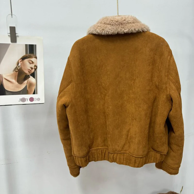 Lamb Wool Fur Coat Female American Retro Style Short Lapel Zipper Pocekt Fashion Warm Wool Coat Shearling Jacket Chaqueta Mujer
