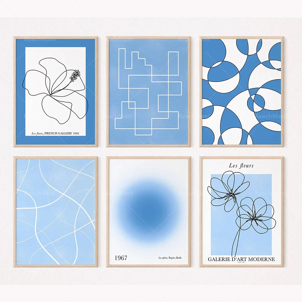 French gallery art print, geometric soft blue lines, blue halo, trendy plaid blue, abstract floral aesthetic decorative poster