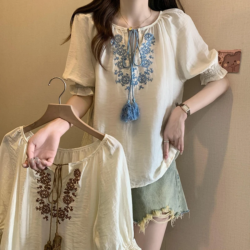 Women Chiffon Blouse Summer O Neck Short Sleeve Shirt Thin Blue Coffee Large Size4XL Loose Korea Embroidery Fringe Loose T-Shirt