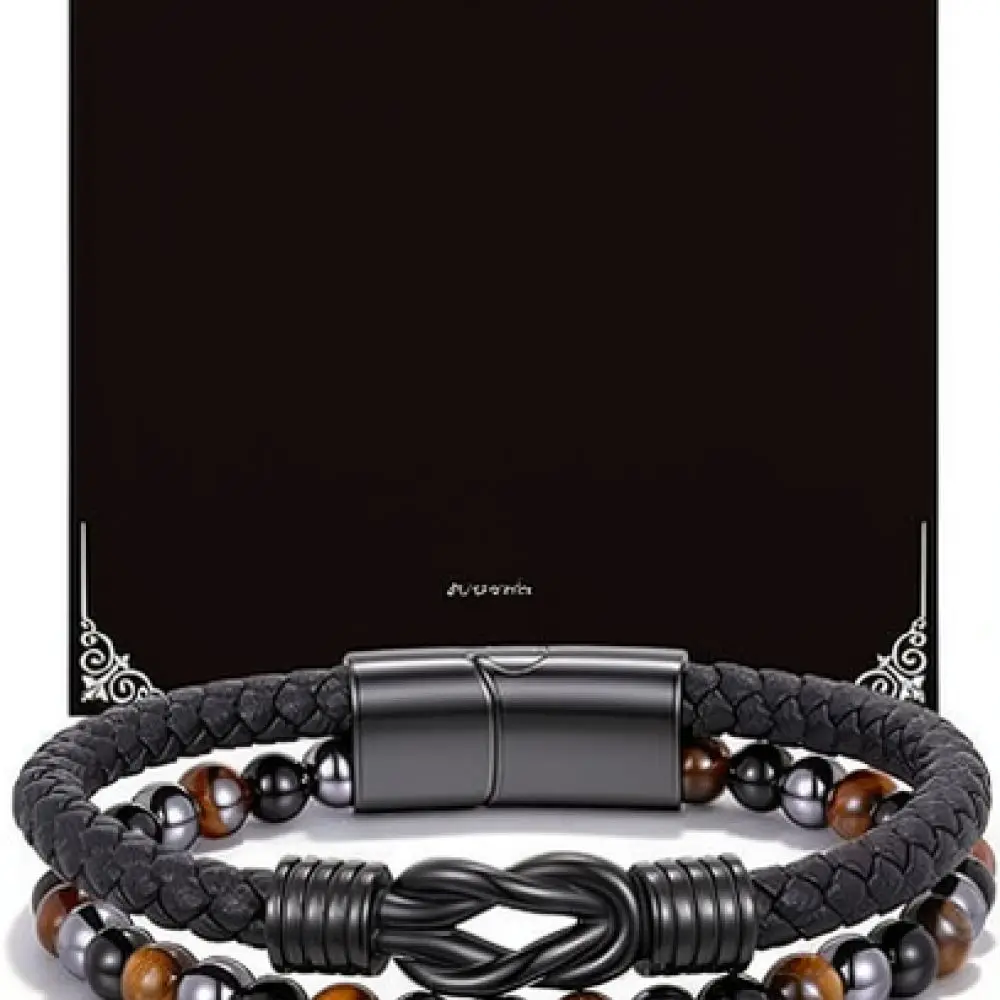 Vintage Braided Leather Bracelet Mens Stainless Steel Twisted Cable Tiger Eye Inlay Infinity Magnetic Buckle Decor