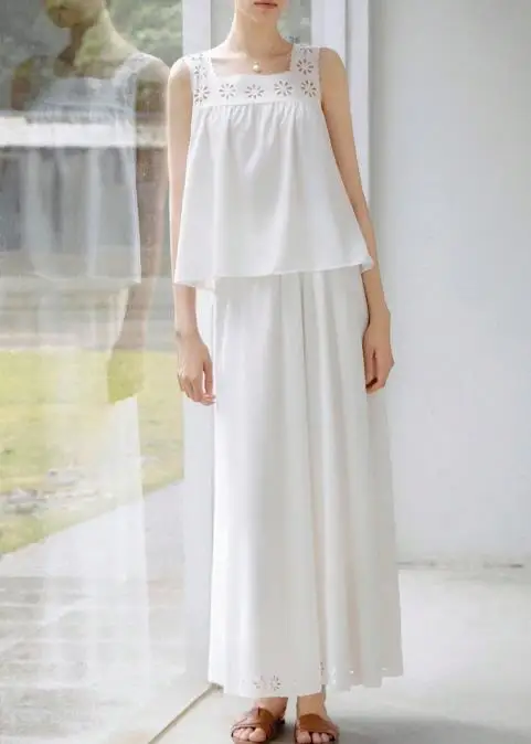 

Summer Elegant Square Neck Hollowed Out Floral Vest and Straight Skirt Set for Women, Elegant Solid Color Casual 2-Piece Set