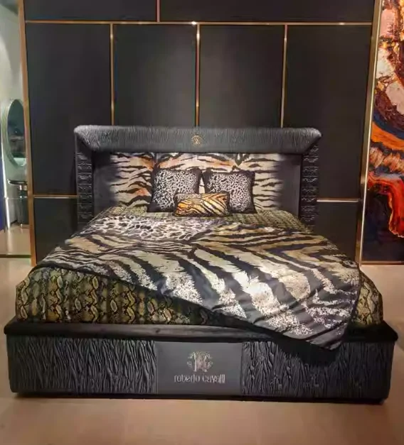 For Genuine Leather Luxury Leopard Print Double Bed Wide Screen Head and Frame for Villas and Weddings Bed Room Furniture Set