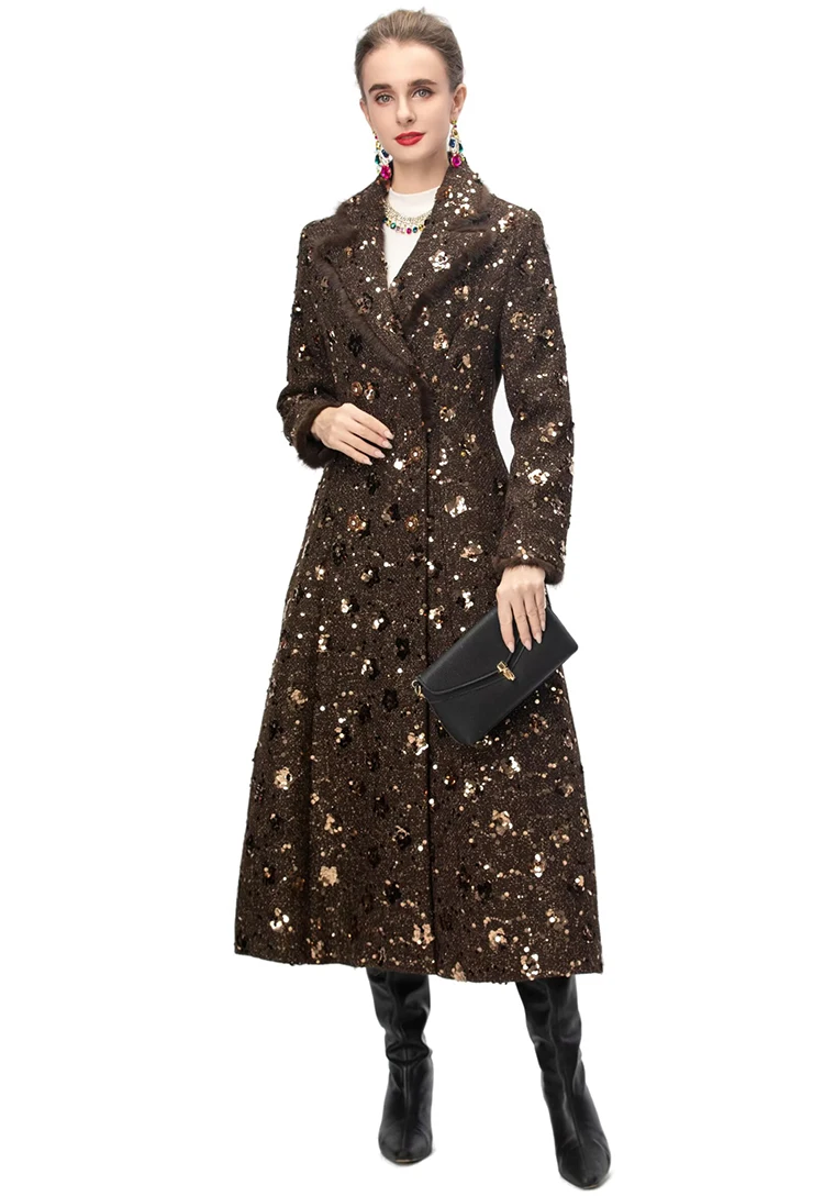 DLDENGHAN Autumn Women's Double Breasted Sequins Tweed Coat with Feathers Turn-Down Collar Long Sleeve High Street Outerwear