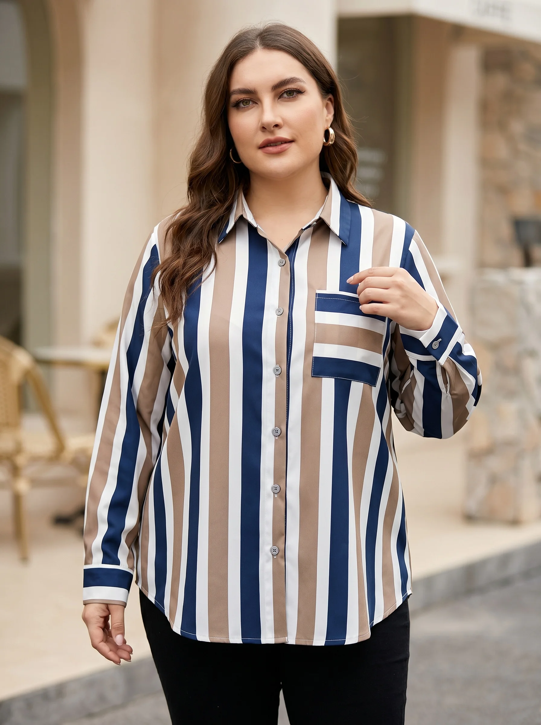 

Gadinus Plus Size Women’s Casual Long Sleeve Button-Up Shirt Elegant Striped Office Blouse