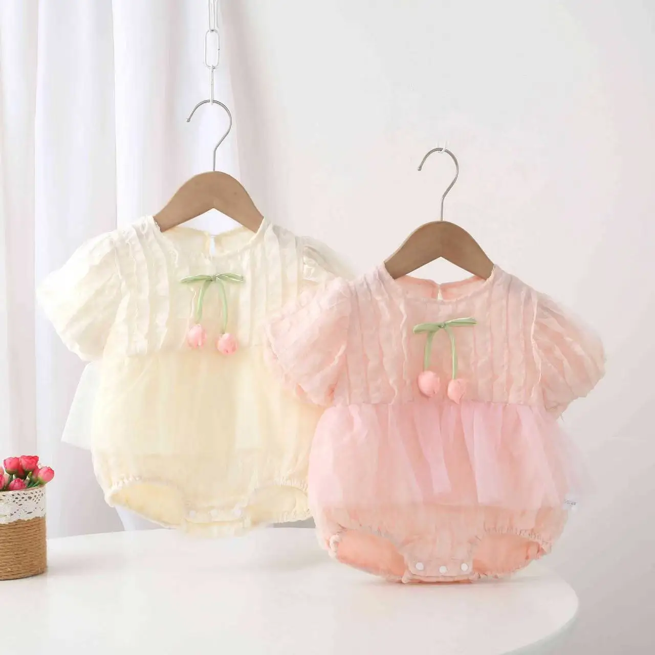2026 Newborn Infant Baby Romper Summer Cotton Puff Sleeve Tulle Patchwork Sweet Cute Outdoor Bodysuit for 0-2Y Baby Girls