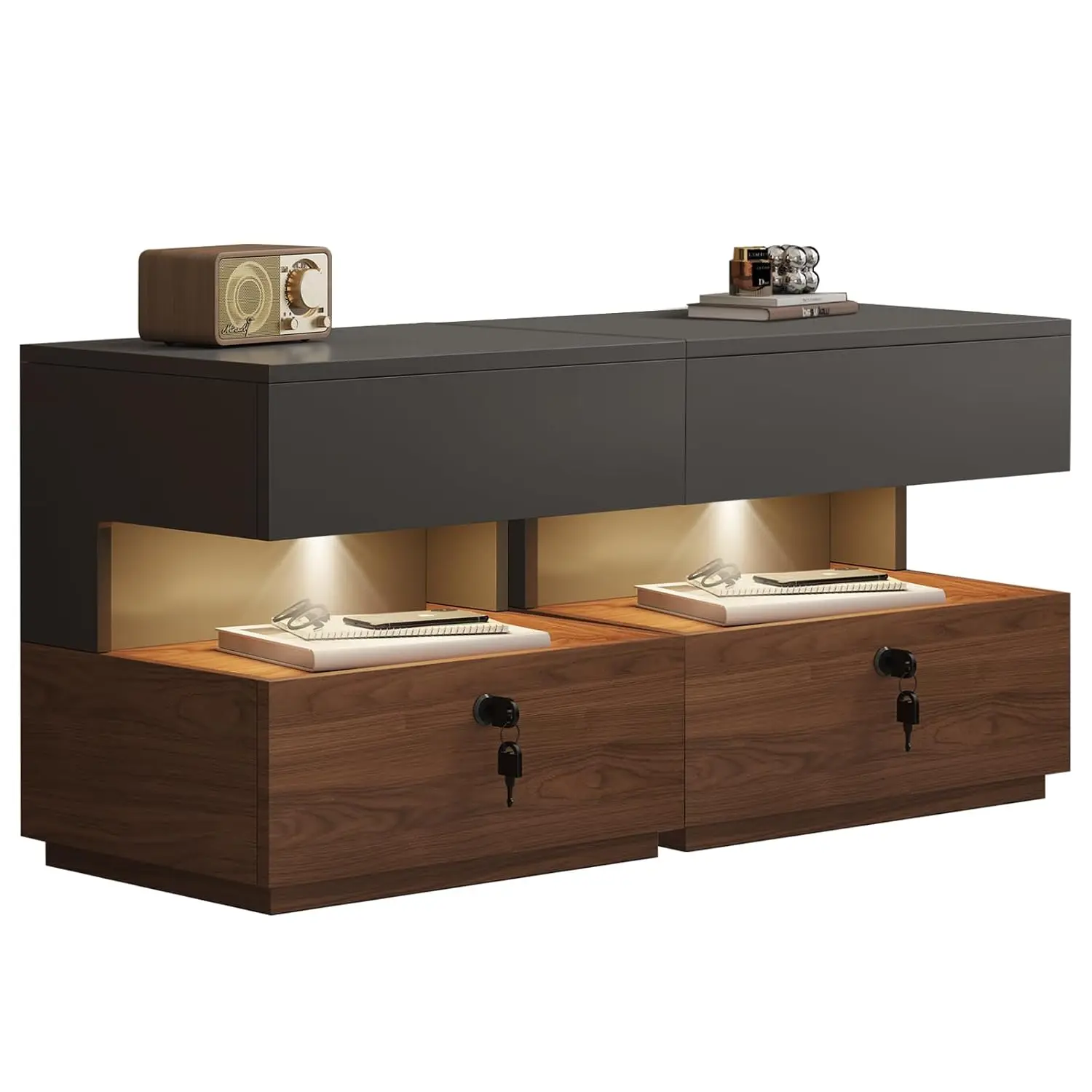 Walnut Nightstand Set of 2 with Motion-Activated LED Light & Lockable Drawer, 21.65