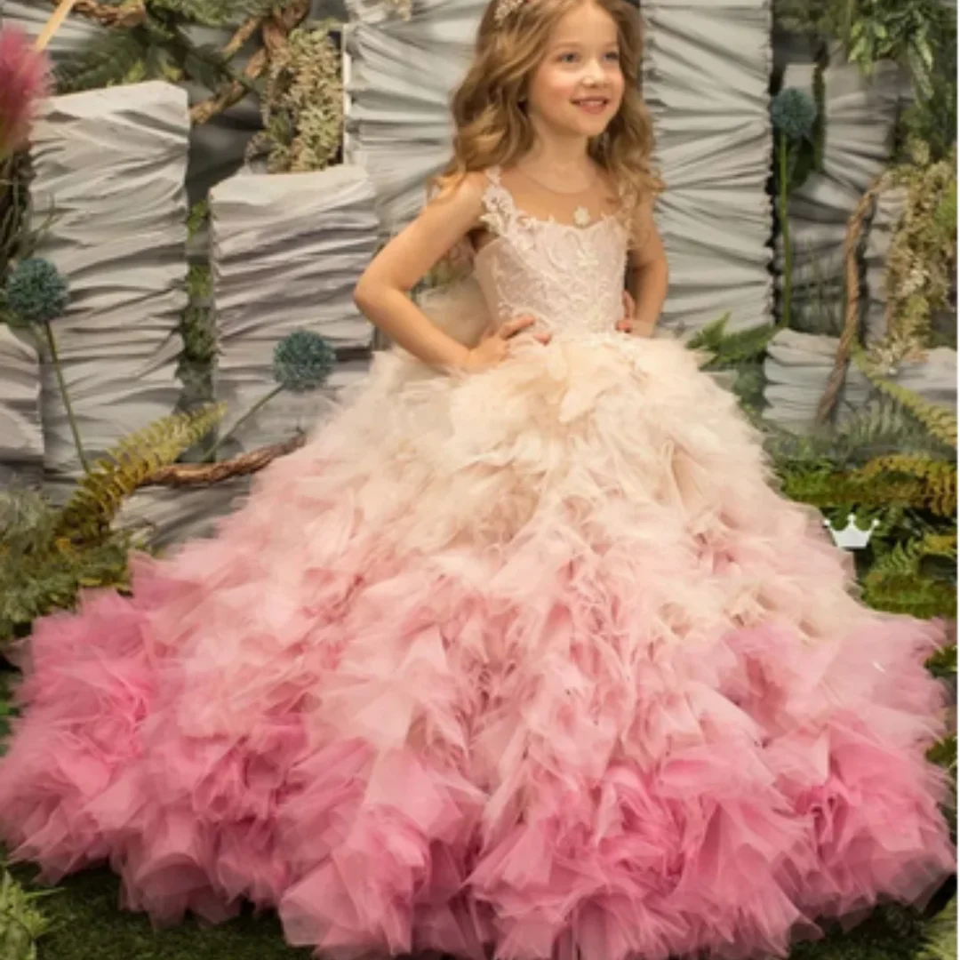 Pink Girl Princess Dress Lace Puffy Flower Girl Dresses Sleeve Cute Girl Birthday Dress Wedding Party Dress Baby Dress