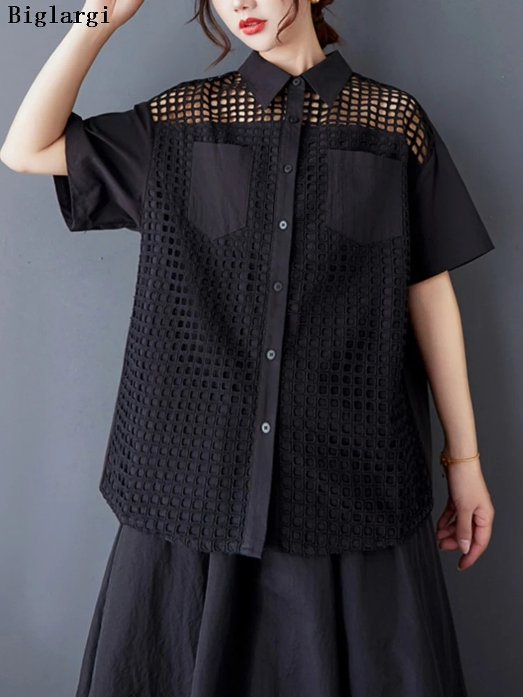 

Oversized Summer Shirts Women Hollow Out Fashion Casual Ladies Copped Blouses Loose Short Sleeve Woman Shirt
