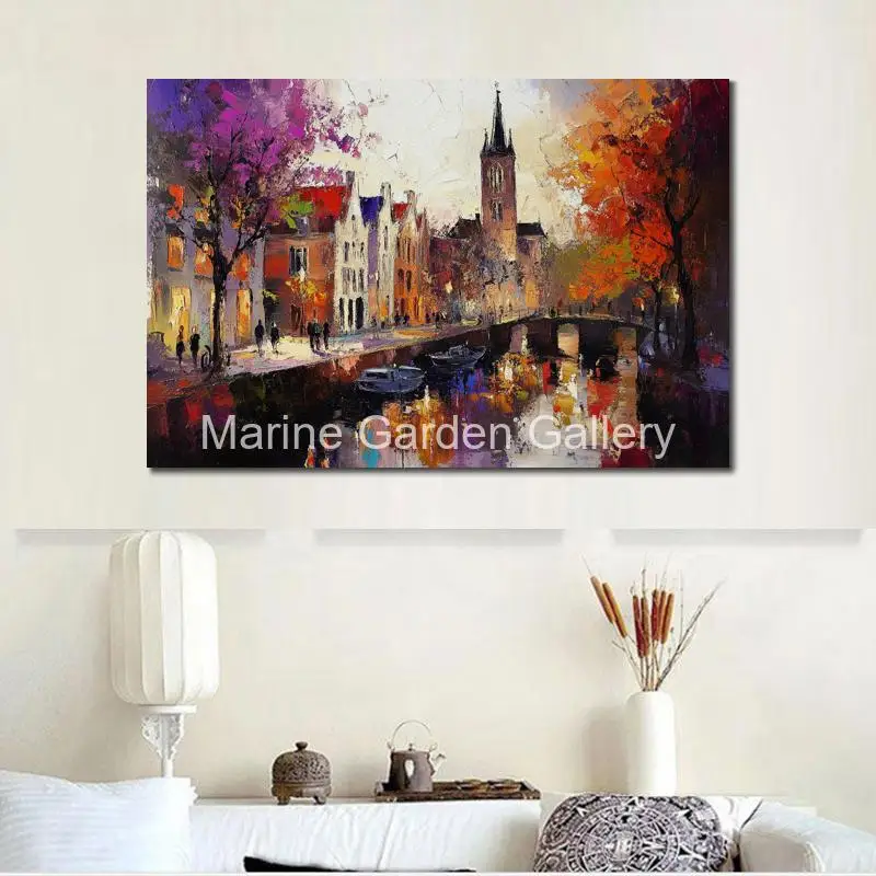 Hand Painted Textured Landscape Canvas Art Oil Painting City Utrecht Modern Impressionist Artwork Sitting Room Bathroom Decor