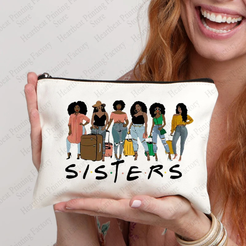 Sistas Pattern Canvas Make Up Bag Travel Lipstick Bags Bachelorette Party Gift for Sister Organizer for Cosmetics Pencil Case