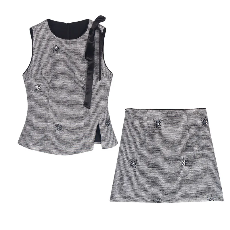 Women Summer Fragrance Embroidered Flowers Sleeveless Suit Waist Top + Skirt Two-piece High Quality Sweet Two-piece Lady Suit