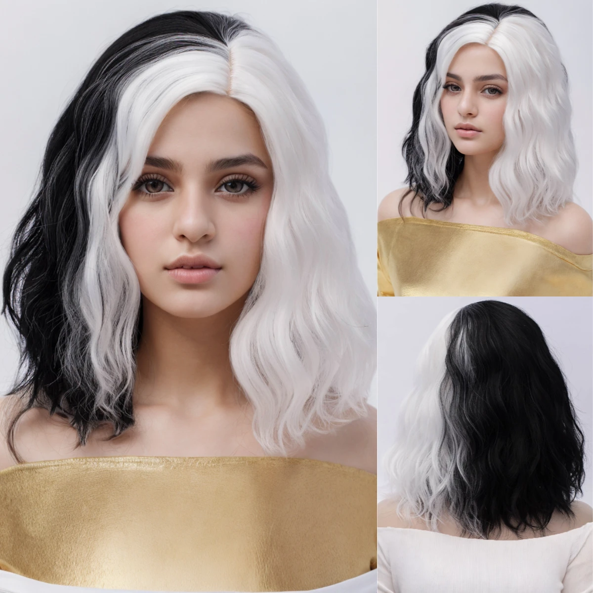 

Synthetic Short Black Mixed Curly Wavy Wigs with White Bangs for Women Daily Cosplay Fake Hair