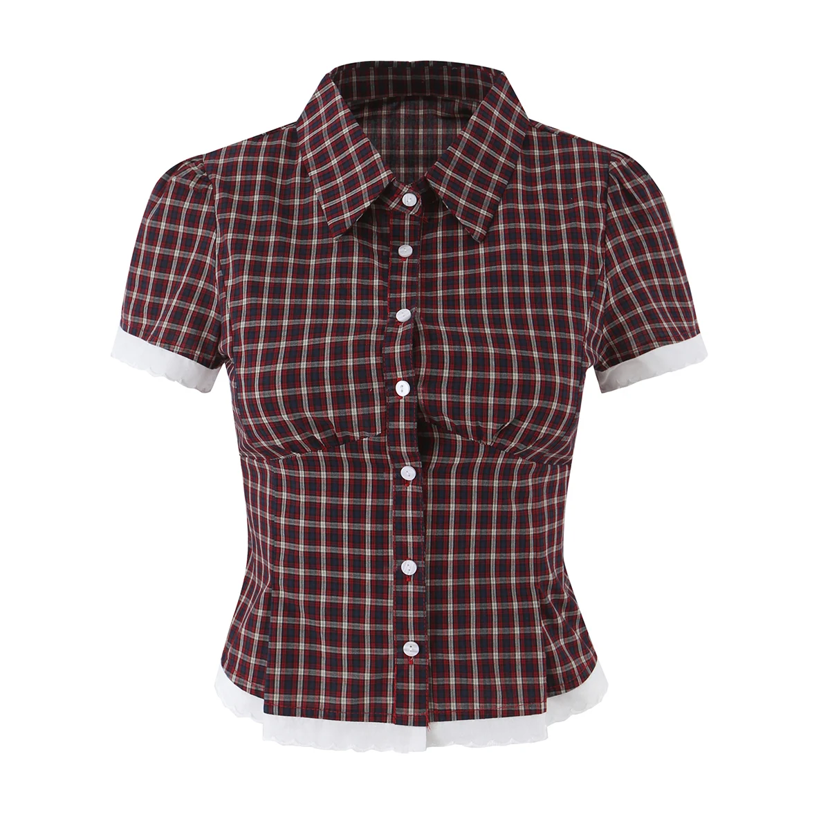 2 Pieces 1 Set Summer Gingham Plaid Short Puff Sleeve Shirt Tank Top + Elastic Low Waist Package Hips Mini Skirt Suits Sexy