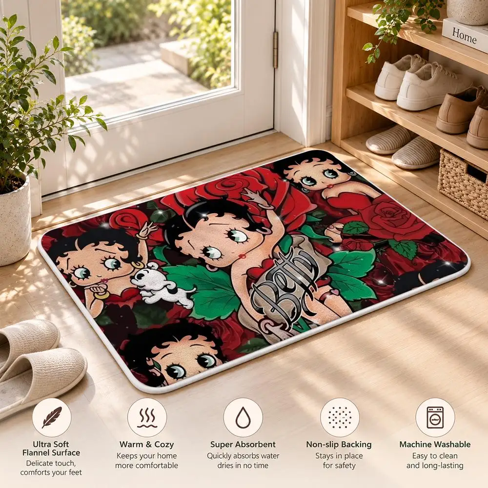 Vintage Cartoon B-Betty Boop Floor Mat Soft Flannel Non Slip Door Mat for Bathroom Bedroom Entryway Home Decor Gift