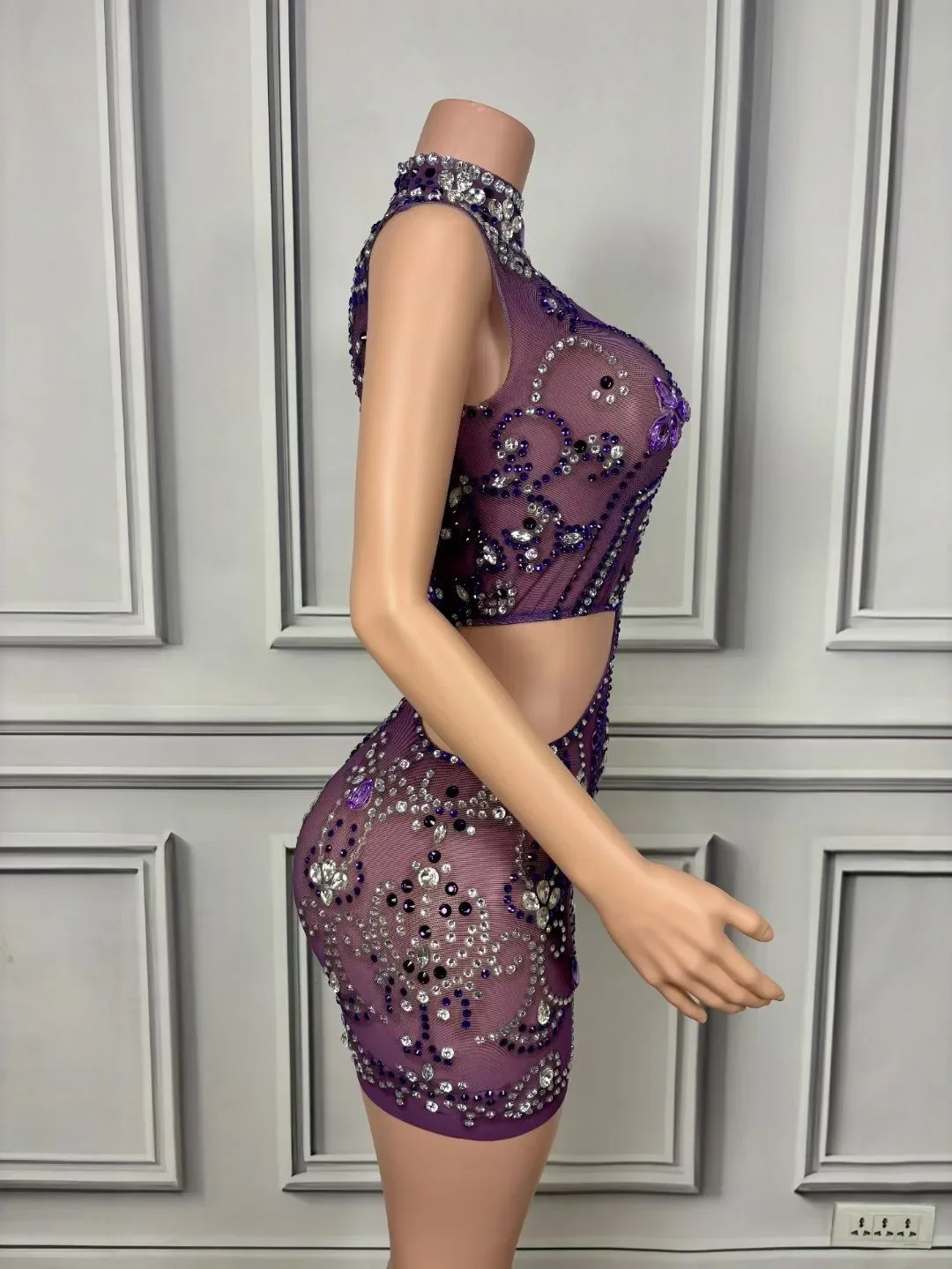 Luxury Rhinestones Mesh See Through Cut Out Sexy Mini Dress Party Club Birthday Evening Celebrate Prom Gowns Stage Wear