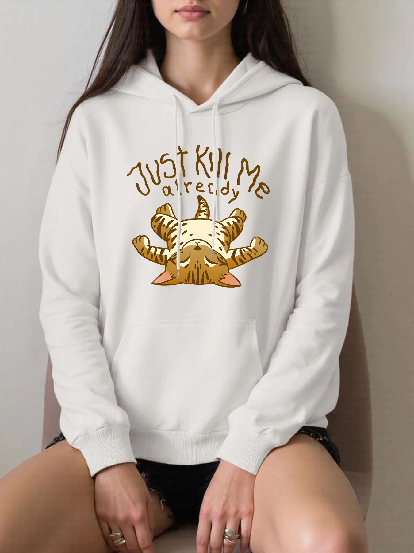 

Женская толстовка с рисунком кота Just Kill Me уже, осенний уличный пуловер, простой повседневный женский флисовый топ большого размера