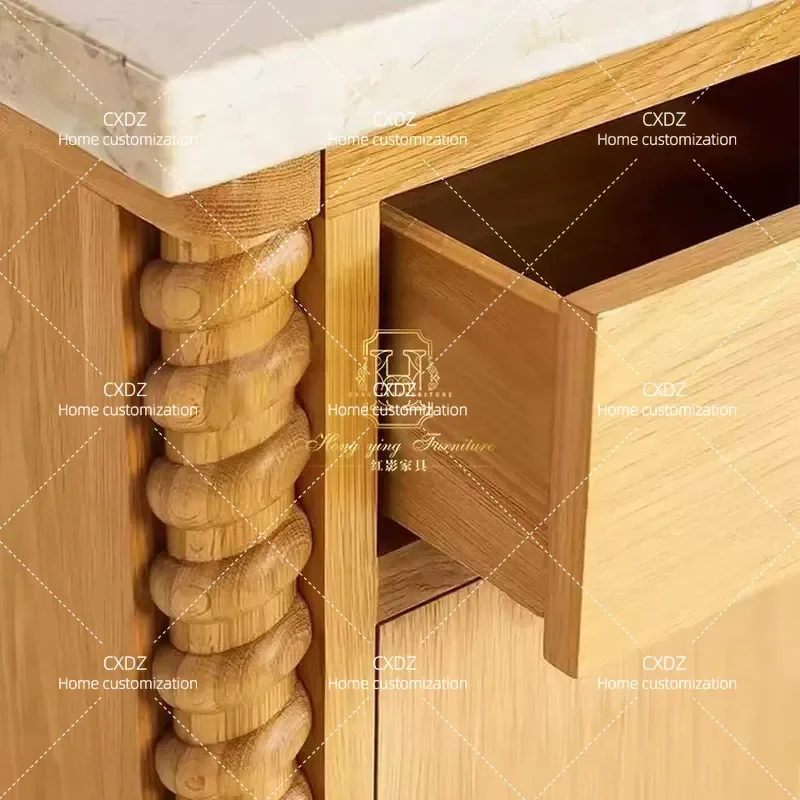 Solid Wood Dining Side Cabinet Modern Simple Ash Wood Island Platform Open Marble Storage Cabinet for Kitchen Living Room