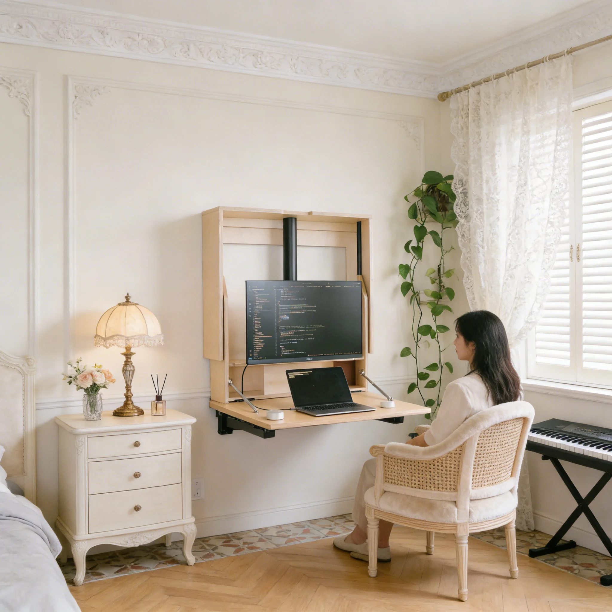 Cream French Style Adjustable Wall Mounted Sit Stand Desk with Storage Foldable Durable Eco-Friendly for Bedroom Small Space OEM
