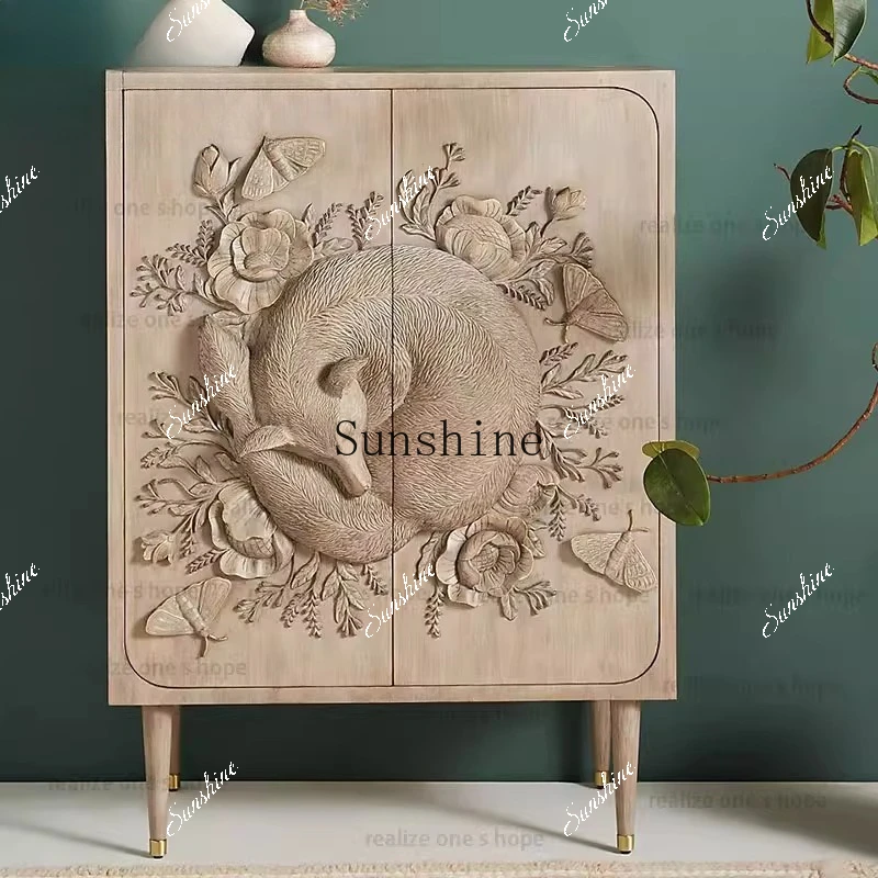 

French retro old wood carving porch bedside table double door carved locker FT