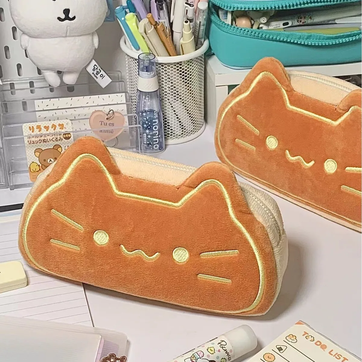 Karamellfarbenes Katzen-Plüsch-Federmäppchen - Große Kapazität, Perfektes Geburtstagsgeschenk für Grund- und Sekundarschüler