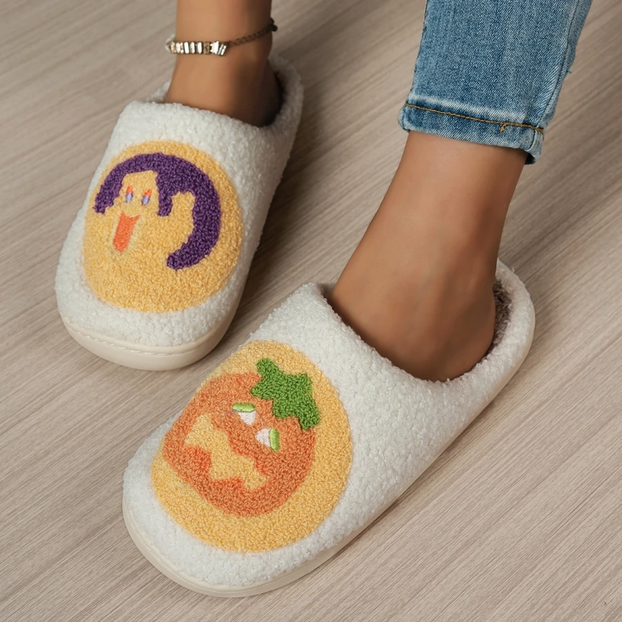 Halloween Women's Slippers Girl Pumpkin Smile Cartoon Indoor Winter Fuzzy Soft Anti-slip Comfort Party Couple Shoes