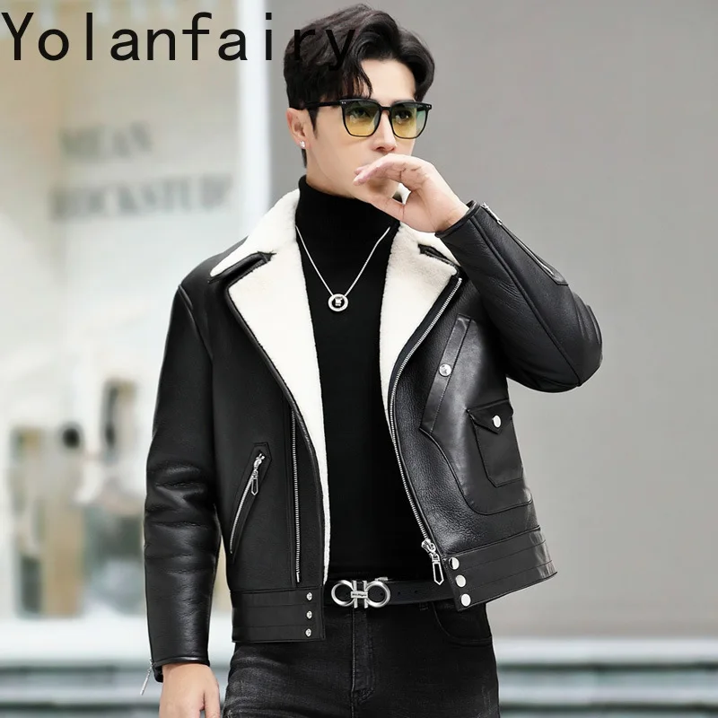 YOLANFAIRY Genuine Sheepskin Mans Real Fur Coat Winter Clothes Black Jacket Leather Motorcycle Jacket Wool Coats Men Куртка 2024