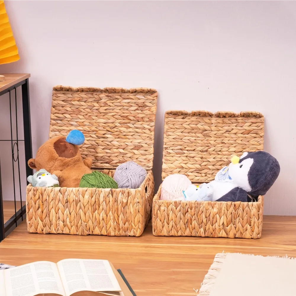 سلة تخزين مستطيلة من الخيزران مع حواف وأغطية صدفية، منظم روطان متعدد الأغراض بمقابض مدمجة #2