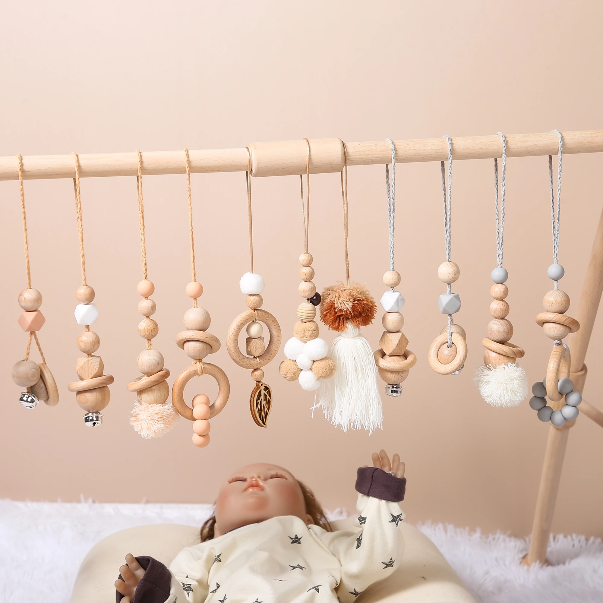 Wooden Fitness Rack Pendants With Plush Newborn Baby Gym Toy Hanging Ornaments Baby Rattle Toys for Children Kids Room Decor