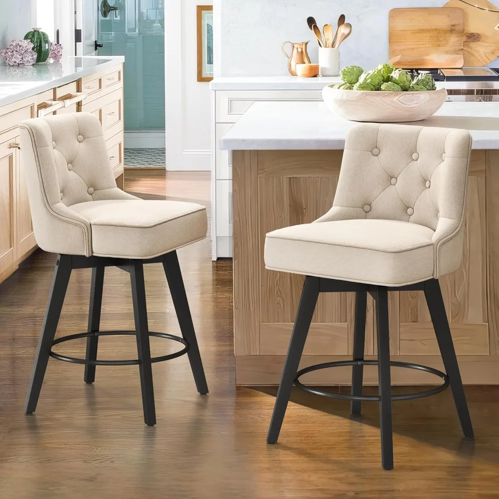 Bar Stools of 2, 26 Swivel Counter Height, Modern Bar Stools with Back and Metal Round Footrest, Solid Wood Legs, Bar Stools