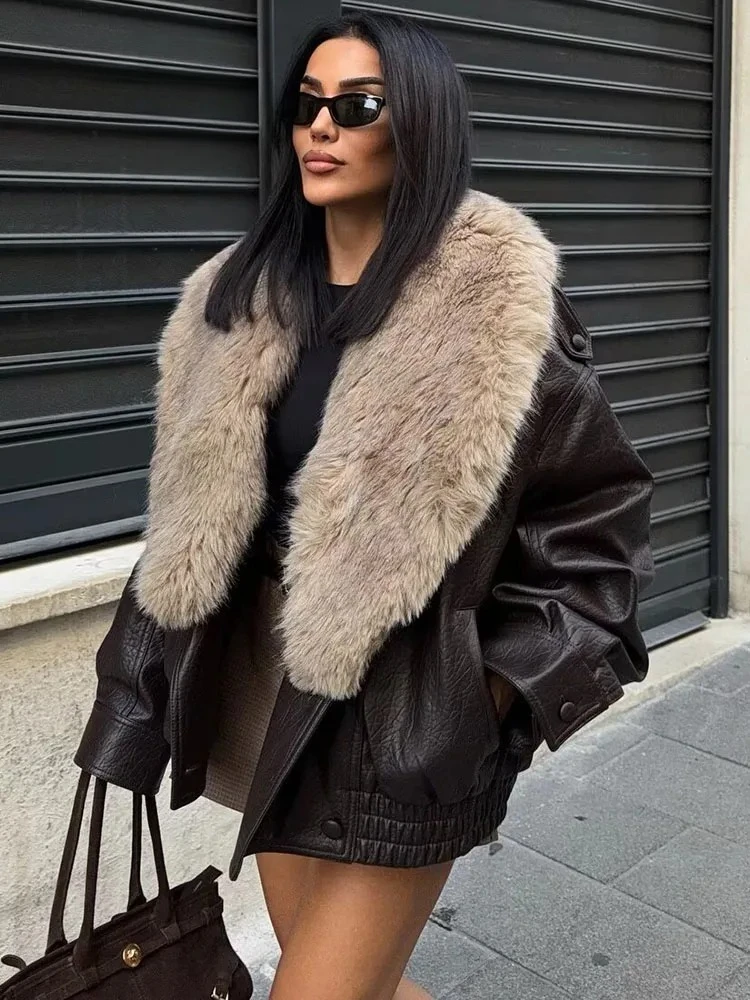 

Faux Fur Collar Causal Coat Faux Leather Jacket Grow Leather Jacket Fashion Removed Women Loose Outwear Women's Bomber Jacket
