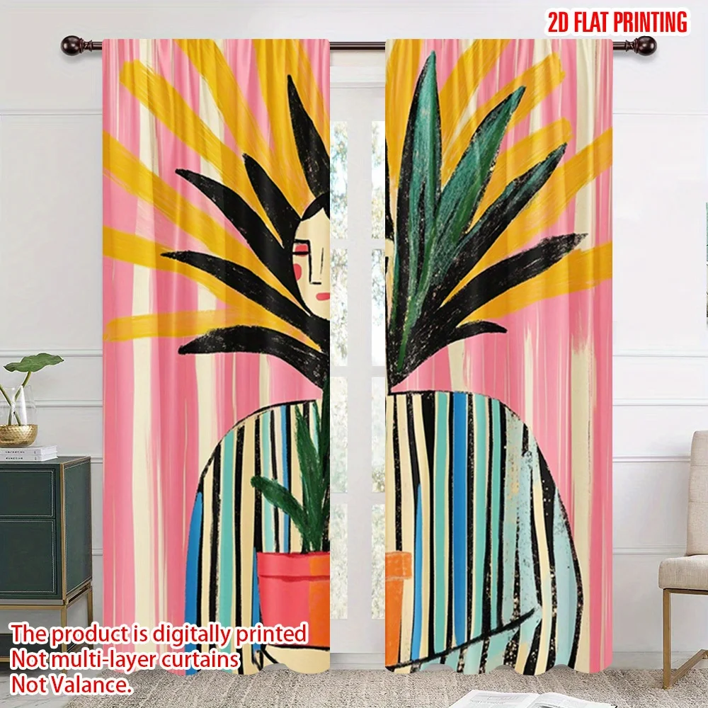 2PCS Digital Print Curtains, Modern Abstract Figure with Potted Plant Pattern Pink, Picasso Art Style for Bedroom ／ Creative