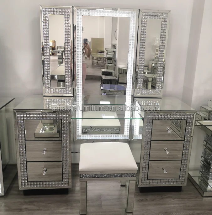 Sparkly Crystal Bedroom Furniture Girls Vanity Dressing Table Designs With LED Mirror and Stool Hollywood Tables