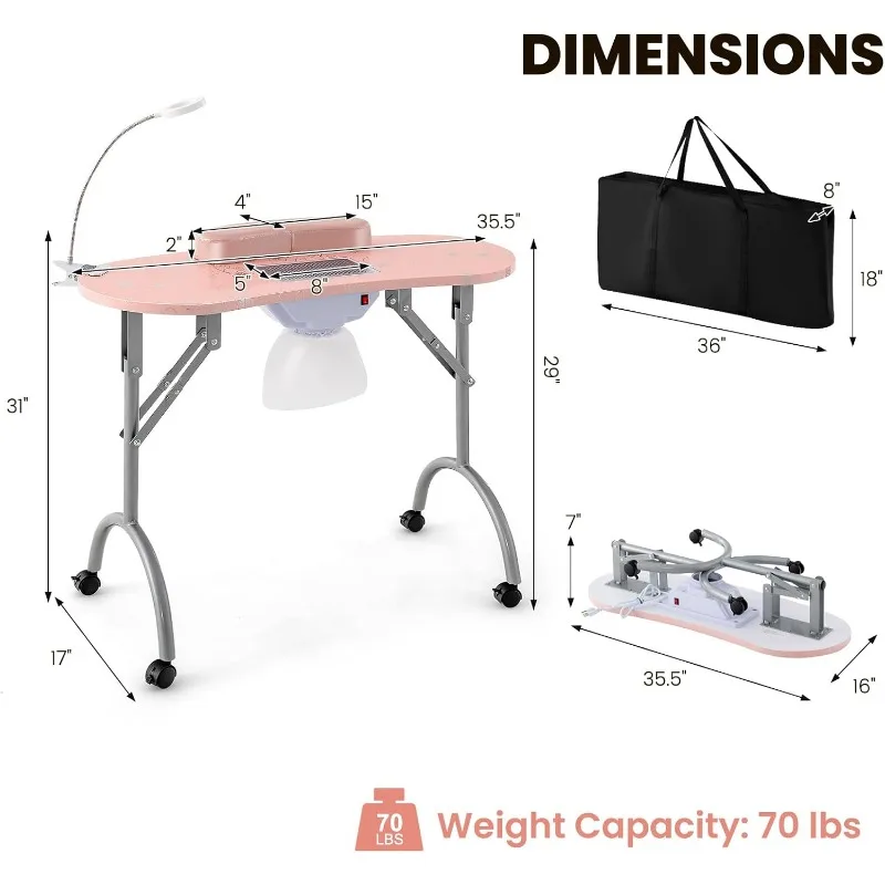 Manicure Table Portable Nail Table Desk with LED Nail Lamp, Elctric Dust Collector, Wrist Rest, Lockable Wheels