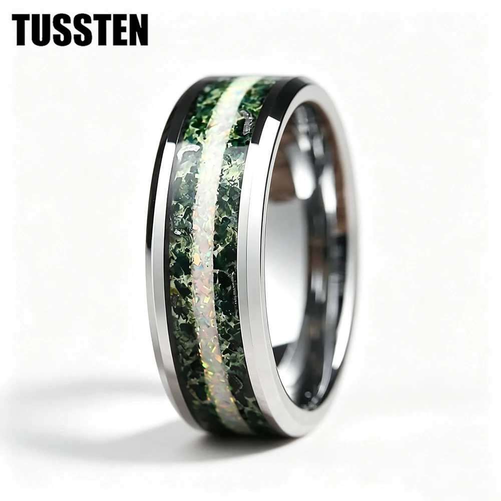 TUSSTEN 6/8MM Men's and Women's Wedding Tungsten Ring Bevel Edge Polishing Inlaid with Moss, Agate, And Opal Comfortable Fit
