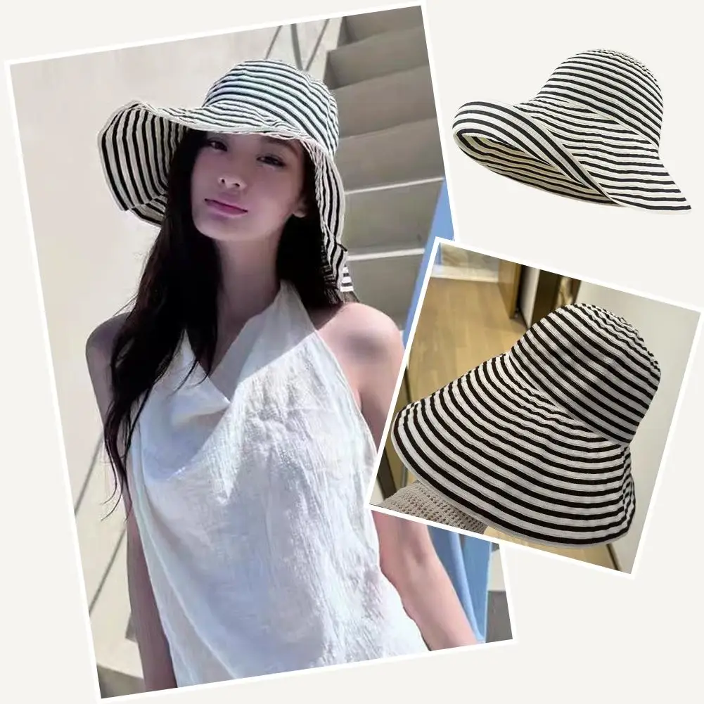 Retro Striped Large Brimmed Fisherman Hat For Women Autumn Foldable Versatile Casual Sun Hat Outdoor Sun Protection Sun Hat