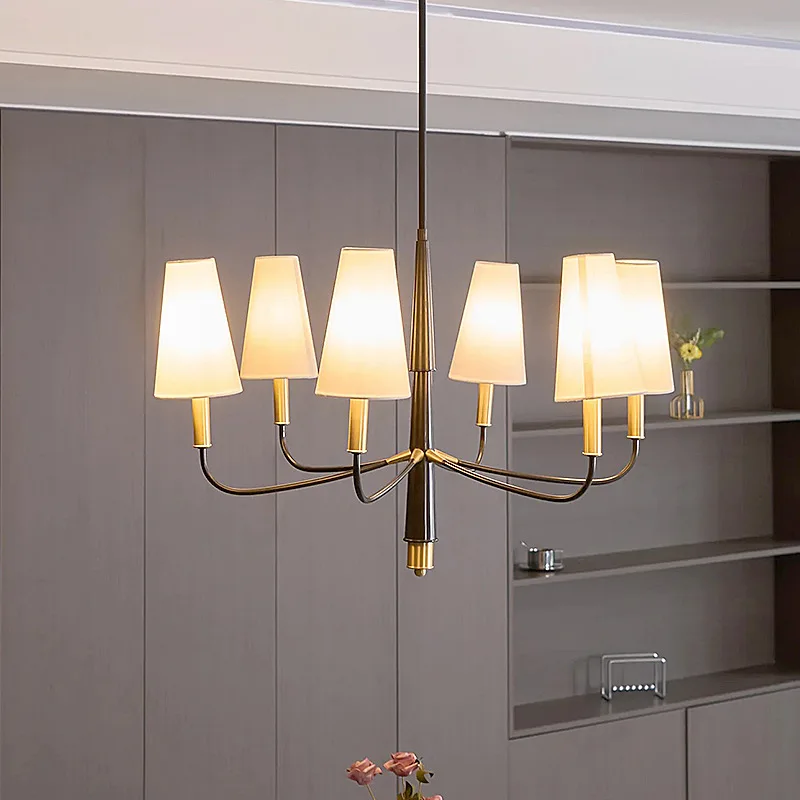 

All copper living room chandelier American dining room simple bedroom study atmosphere villa lamp cloth cover warm chandelier