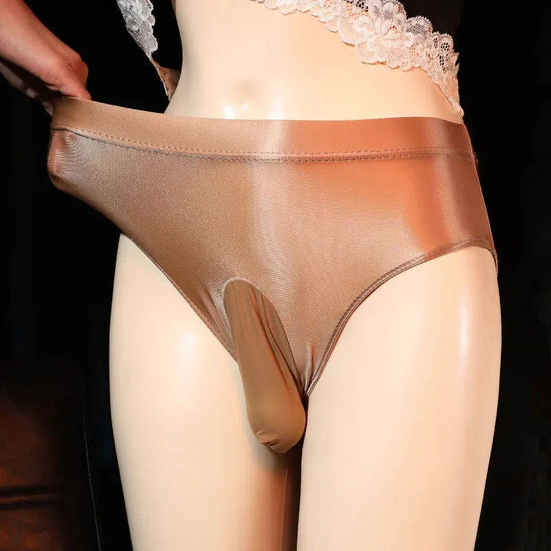 Shiny breathable men's briefs, sexy high-waisted sex panties leggings, large sissy gay panties, shiny silky satin panties