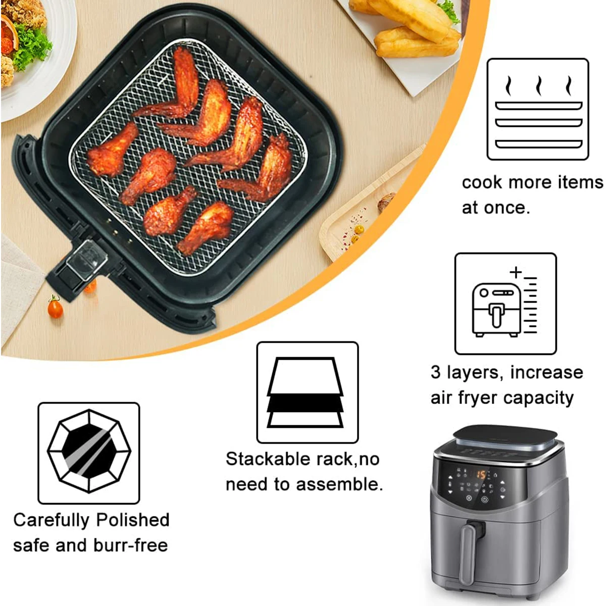 3Layer Air Fryer Racks Stainless Steel Square Air Fryer Basket Tray Stackable Dehydrator Racks Air Fryer Accessories Fit Kitchen