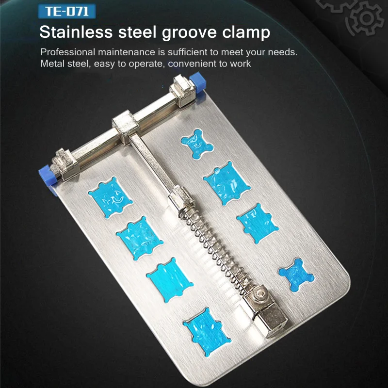 

TE-071 Ремонтный зажим, держатель печатной платы с микросхемой, противоскользящая накладка, паз для удаления клея, платформа для пайки из нержавеющей стали