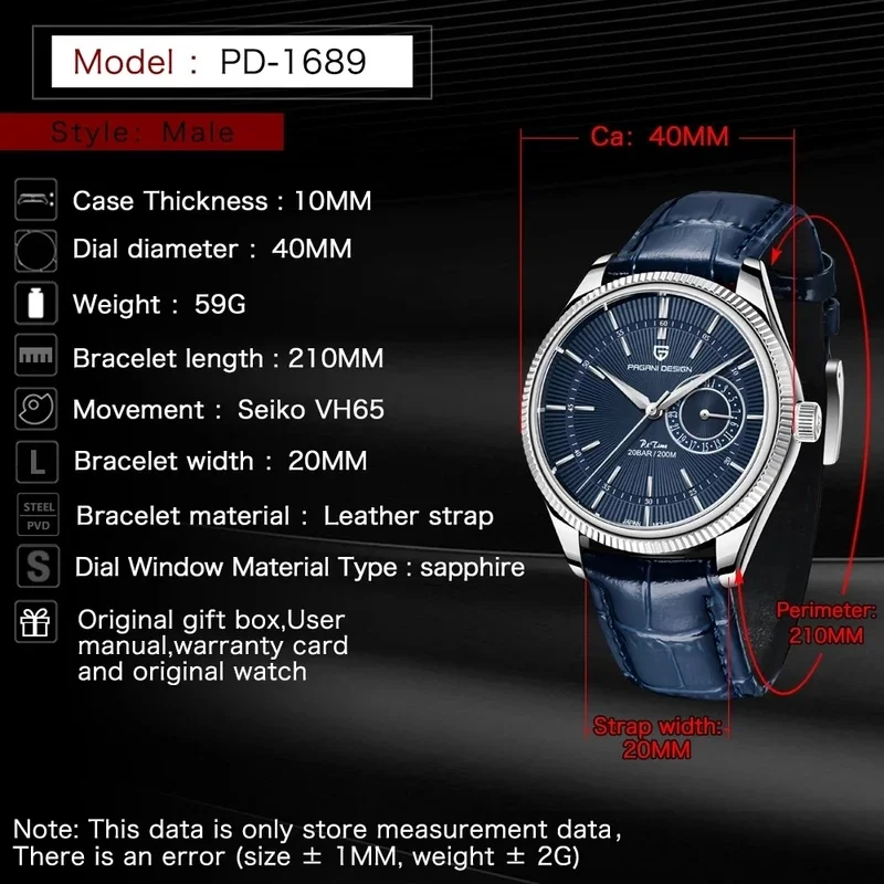PAGANI DESIGN PD-1689 Men Quartz Watch Japan VH65 Movement 40MM Sapphire Glass Leather Strap 20Bar Waterproof Business Wristwatc