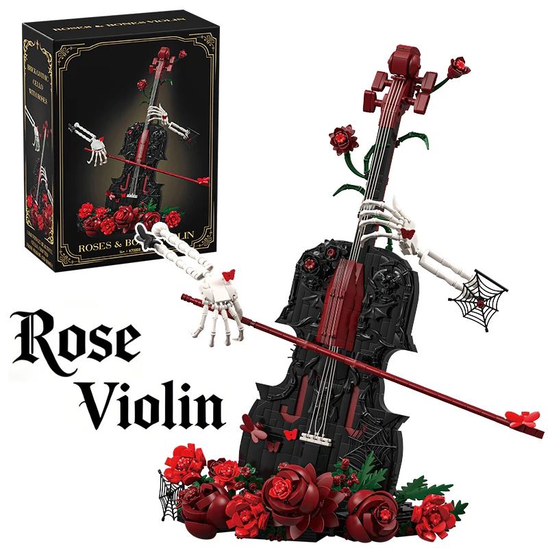 Blocs de construction créatifs Crâne Rose Rouge Violon, modèle d'instrument de musique gothique, décoration d'intérieur, briques à assembler, jouets, cadeau pour filles
