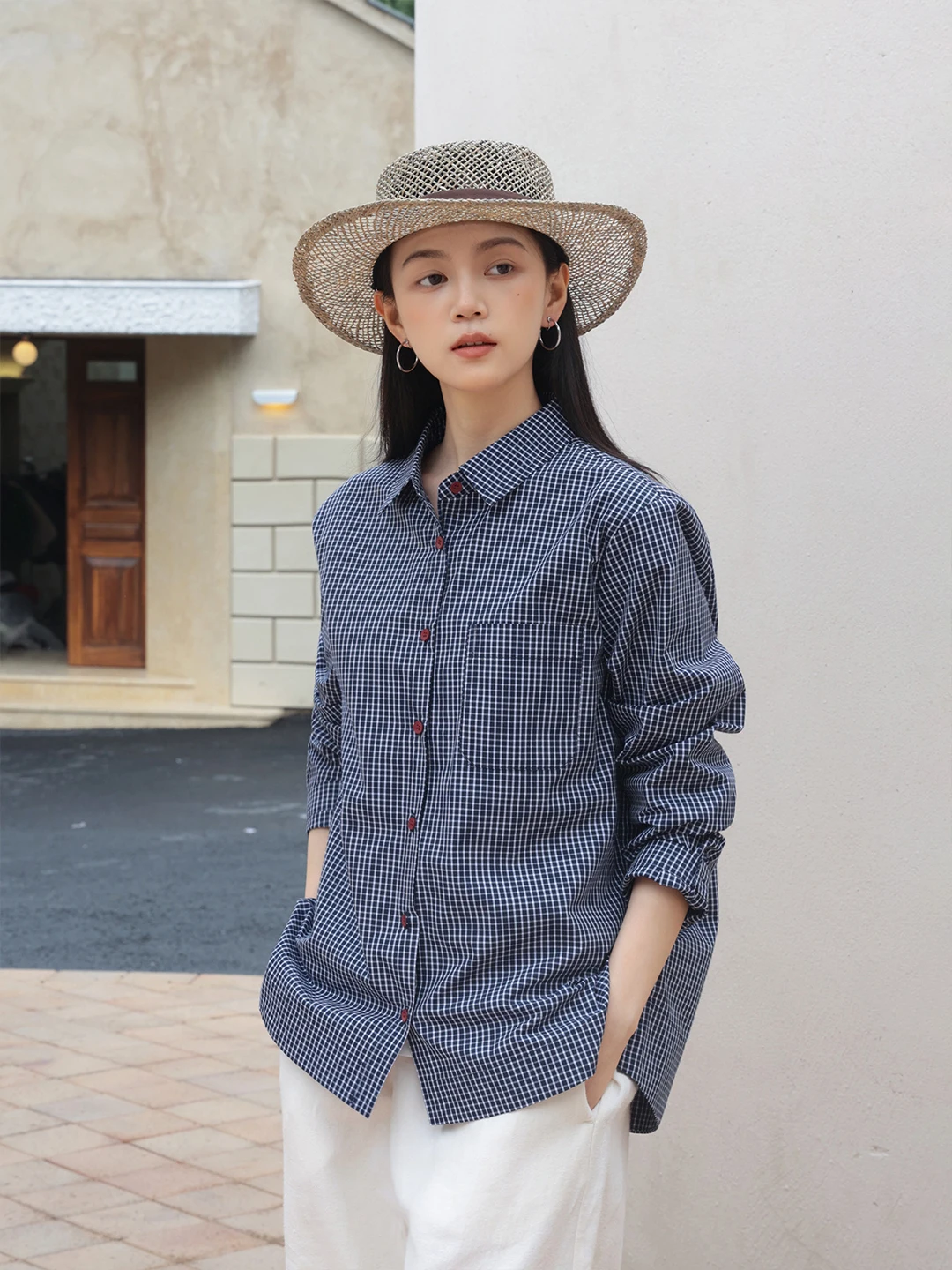

Retro Plaid Long Sve irt Women's Spring New Sle High Faion Youthful Outerwear Cotton Pure Fabric Button Print