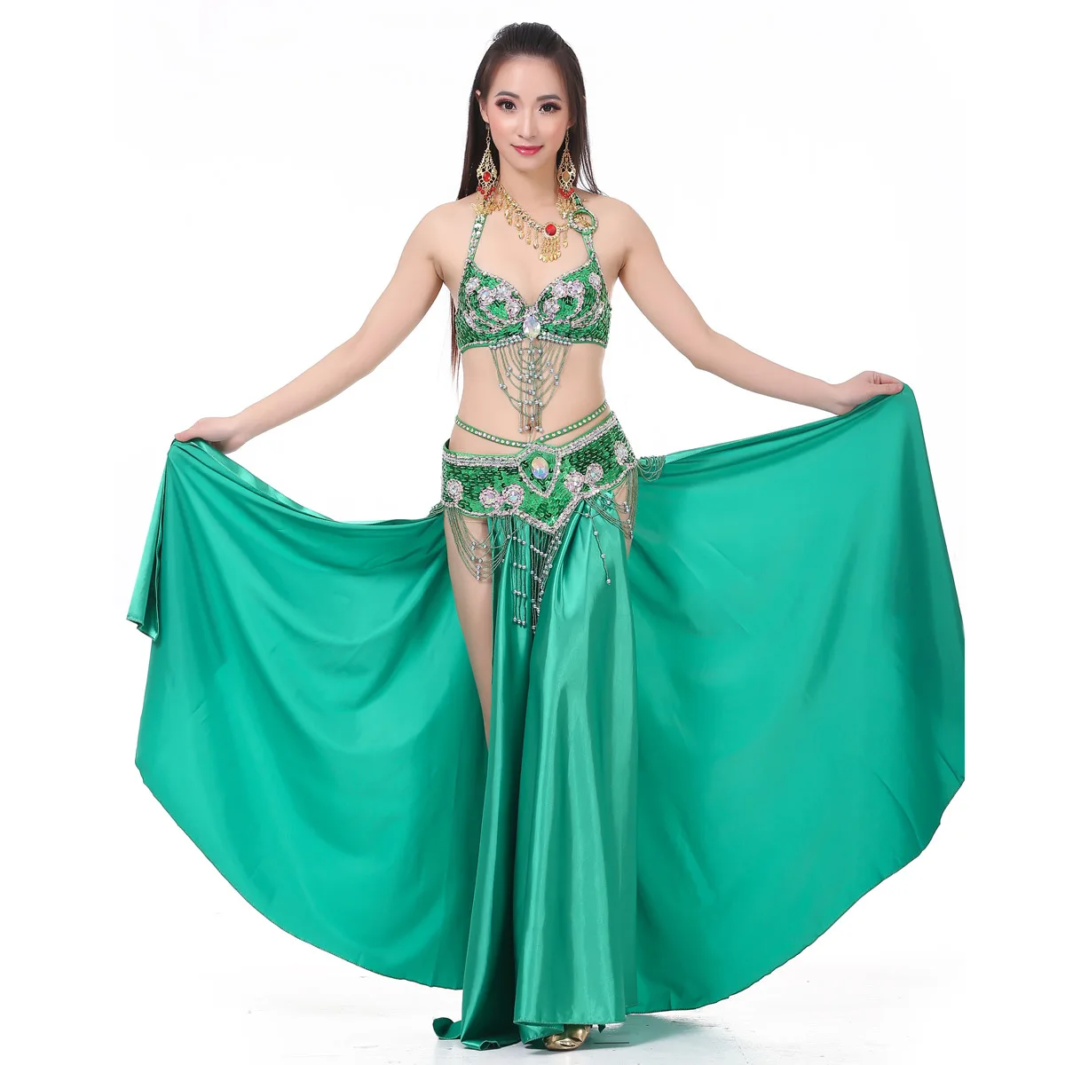 802+Double Split Colored Ding Skirt Belly Dance Set Belly Dance Performance Costume Belly Dance Performance Set Performance Cost