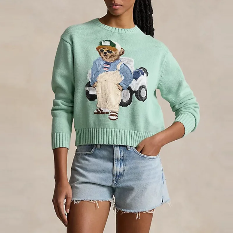

Винтажный стильный вязаный свитер с милым мультяшным медведем, модные женские короткие топы, осенне-зимняя шикарная повседневная свободная женская уличная одежда