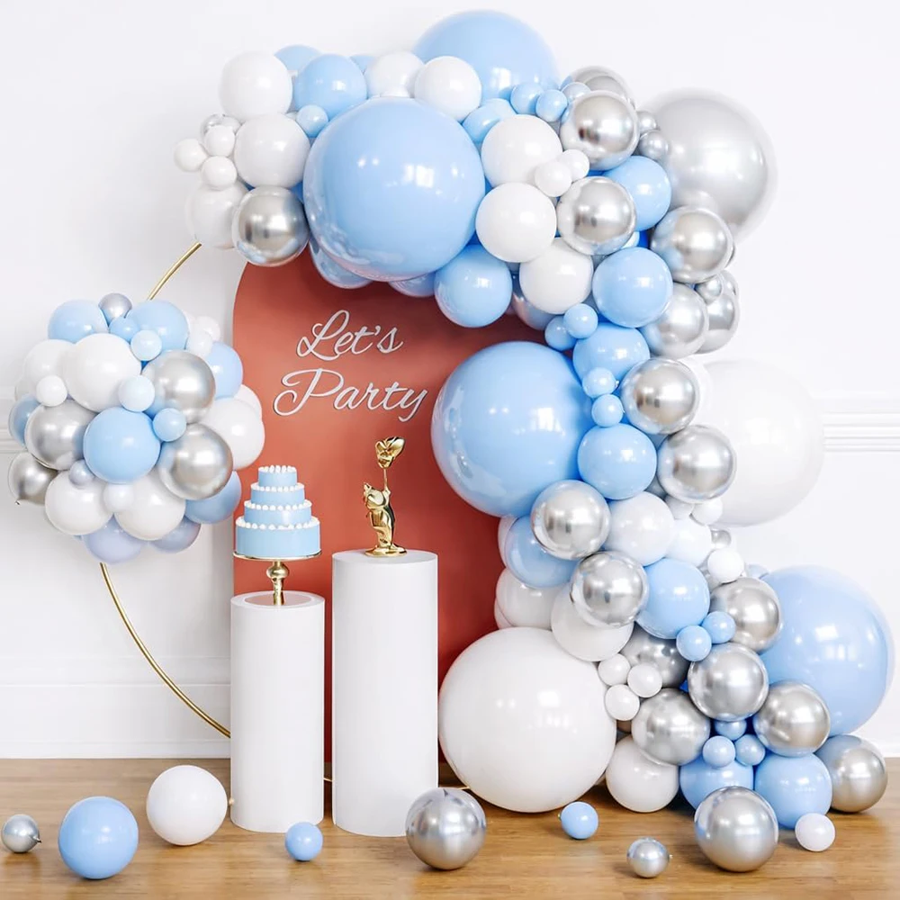 Kit de Globos Azul Pastel, Arco de Globos Blancos, Azules y Plateados, Guirnalda para Fiestas de Cumpleaños, Baby Shower, Bodas, Aniversarios, Decoración, Globos
