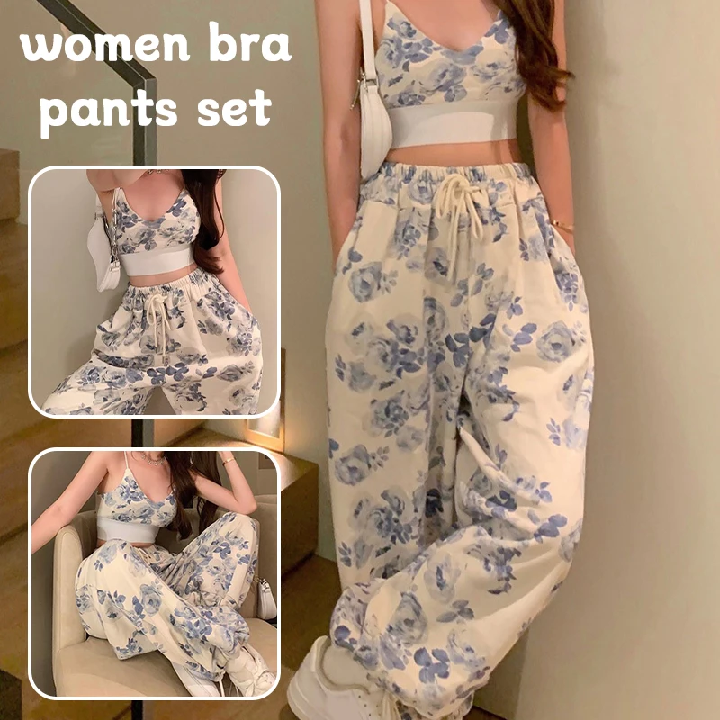 2024 Vrouwen 2 Stuks Gebloemde V-Hals Spaghetti Bandjes Hemdje En Trekkoord Elastische Taille Broek 2 Stuks Broek Sets Zomerkleding